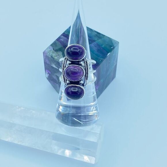Amethyst Gemstone Sterling Silver Boho Ring Size 7.5 - Picture 1 of 6